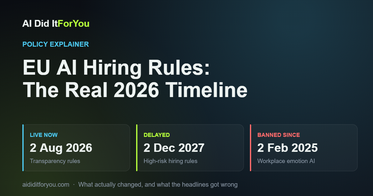 EU AI hiring rules timeline: transparency live August 2026, high-risk recruitment rules December 2027, workplace emotion-recognition banned since February 2025
